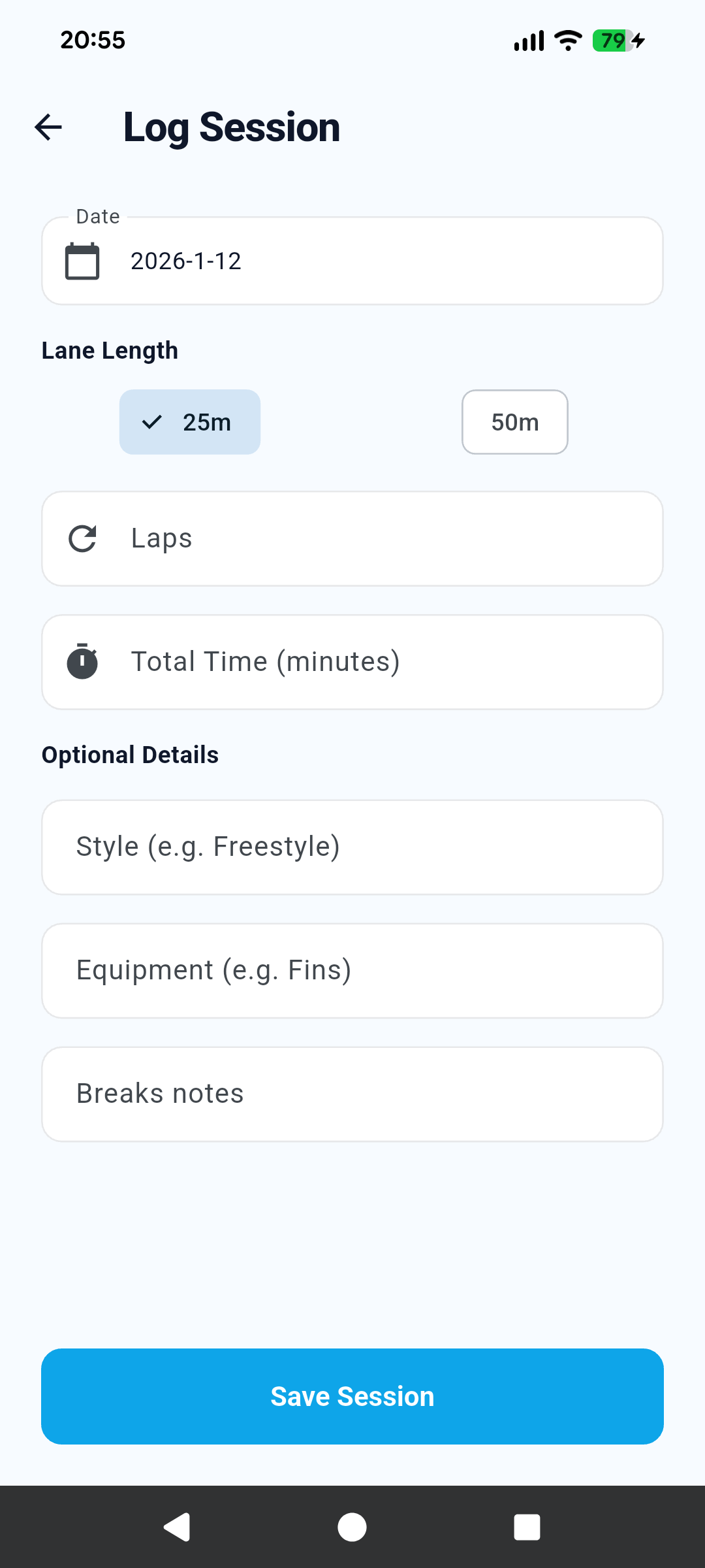 Create a new swim session in Swimming Lane